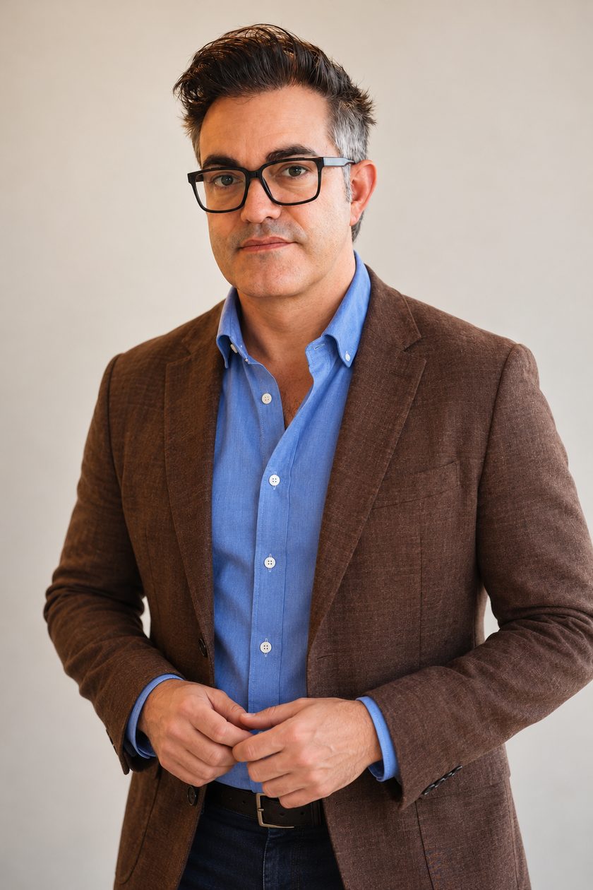 Christian Furtado, con saco marrón y camisa celeste, sobre un fondo claro